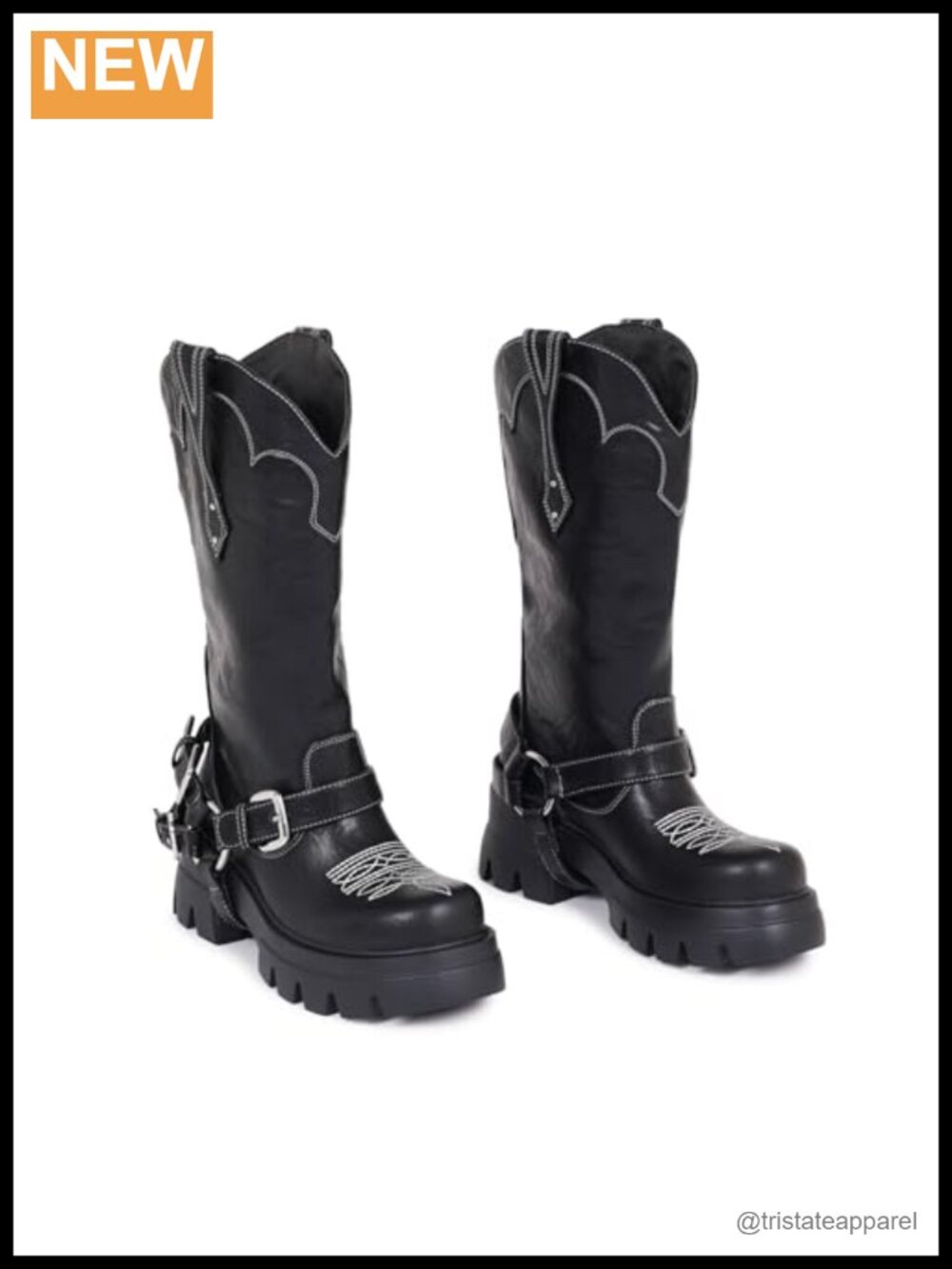 Faux Leather Western Cowboy Boots with Buckle Round Toe Chunky Heel Mid-Calf